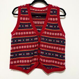 Womens Knit Fair Isle Sweater Vest Button Up S Red Nordic Apres Ski Cabincore